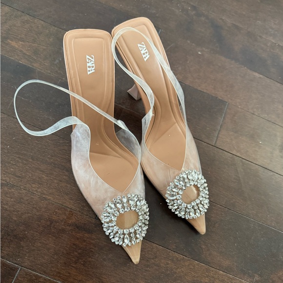 Zara Shoes - Zara Women's Tan Heeled Shoes clear with Crystal Embellishment sling back